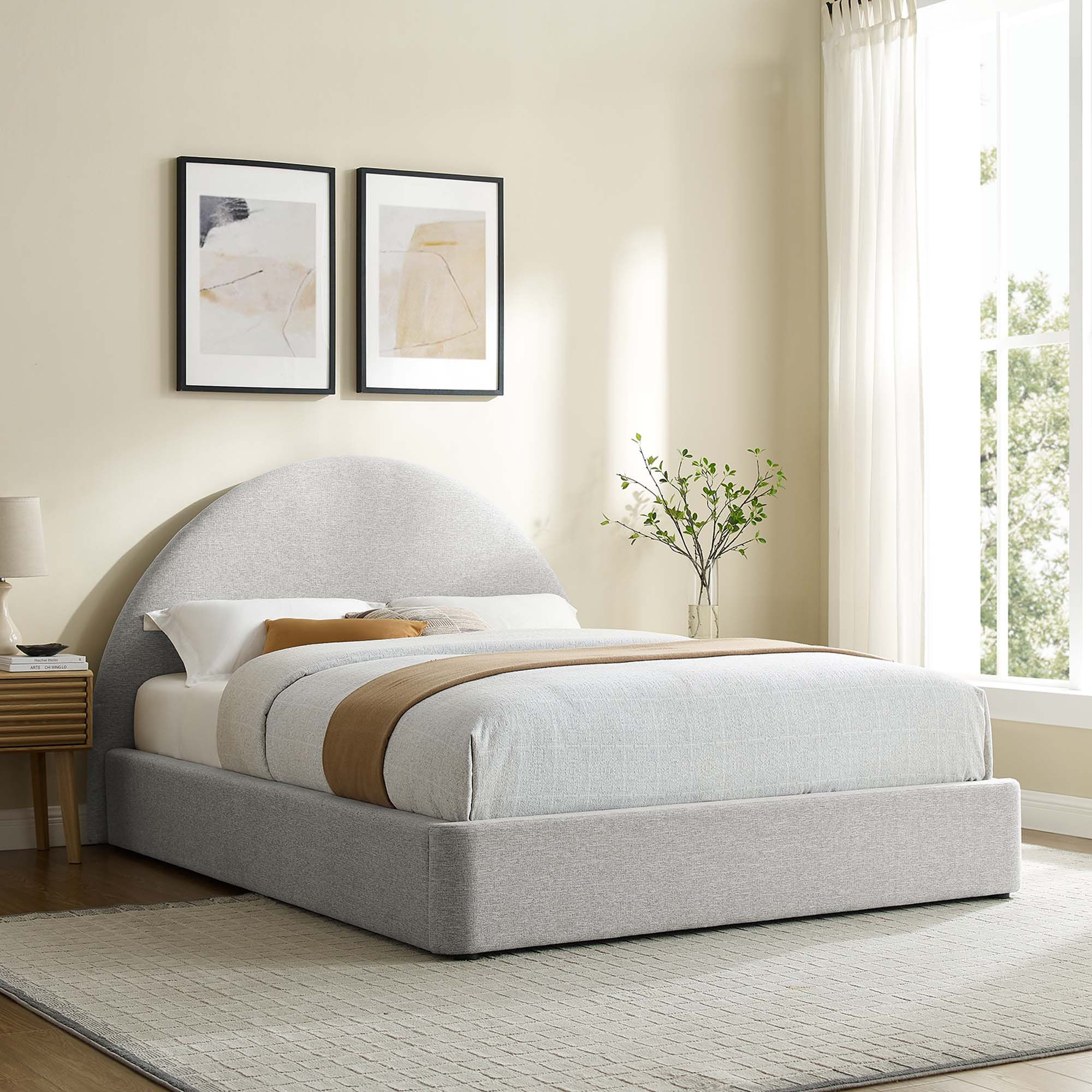 Resort Arched Round Upholstered Fabric Platform Bed – Heathered Weave Light Gray