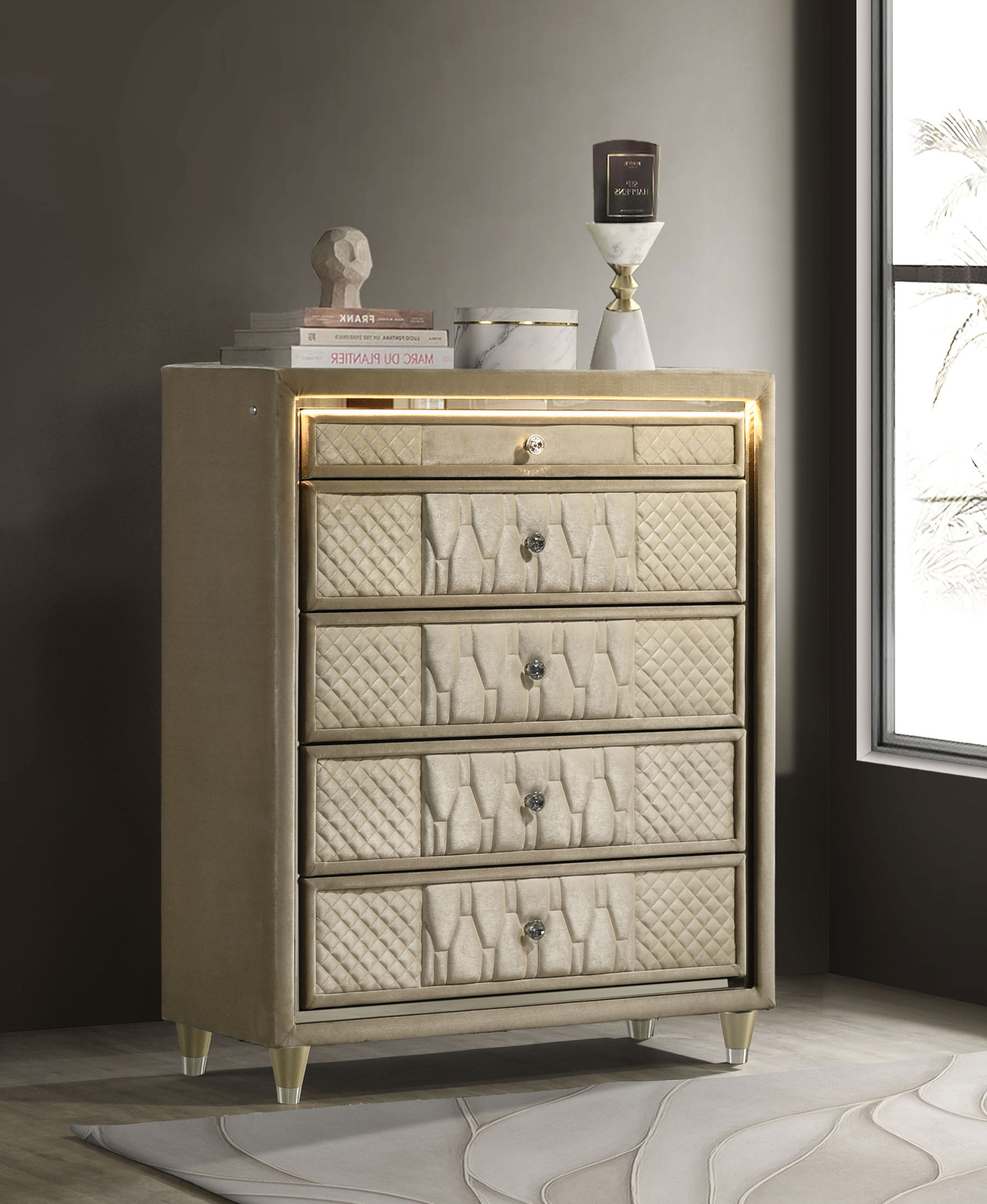 Lorient 5-Drawer LED Chest – Ivory & Camel