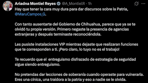 Ariadna Montiel responde a Maru Campos y la acusa de “traidora a la patria”