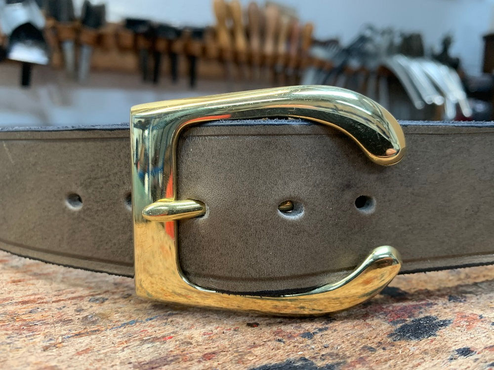 Handmade English Leather Belt 1 1/2" Brass Stirrup Grey
