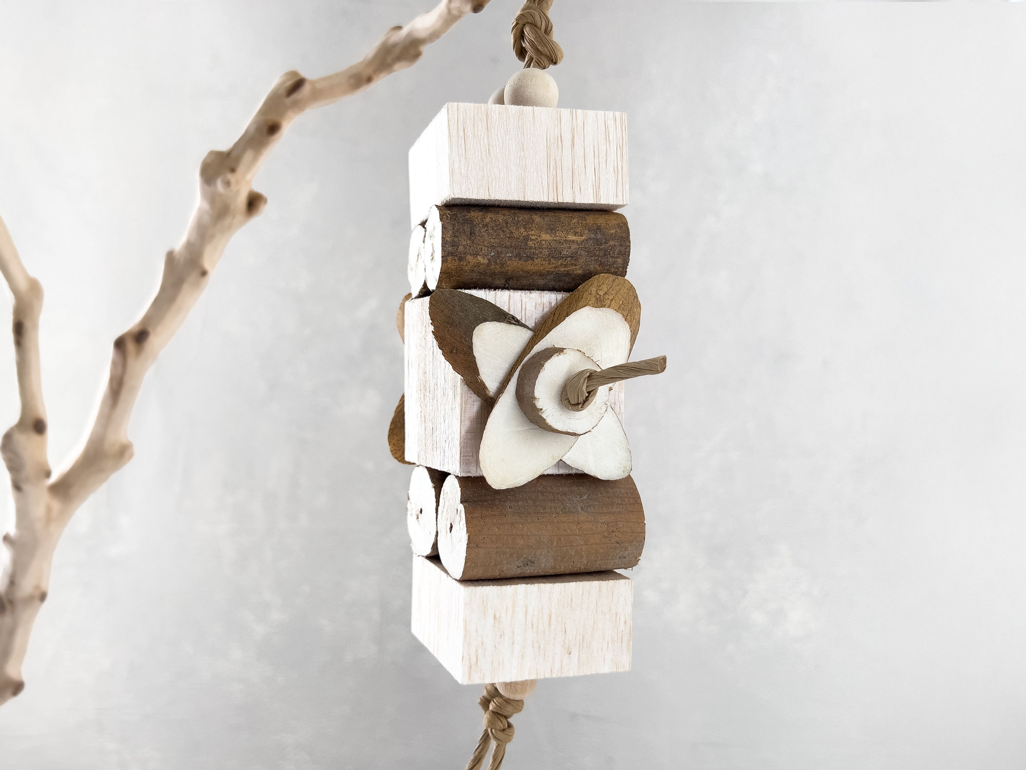 All natural parrot shredder toy and medium bird toy made of balsa and sola wood.