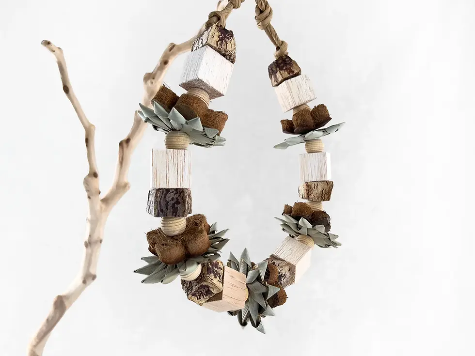 All natural bird chew toy made of balsa wood, coconut husk, palm leaf, and mahogony pod.