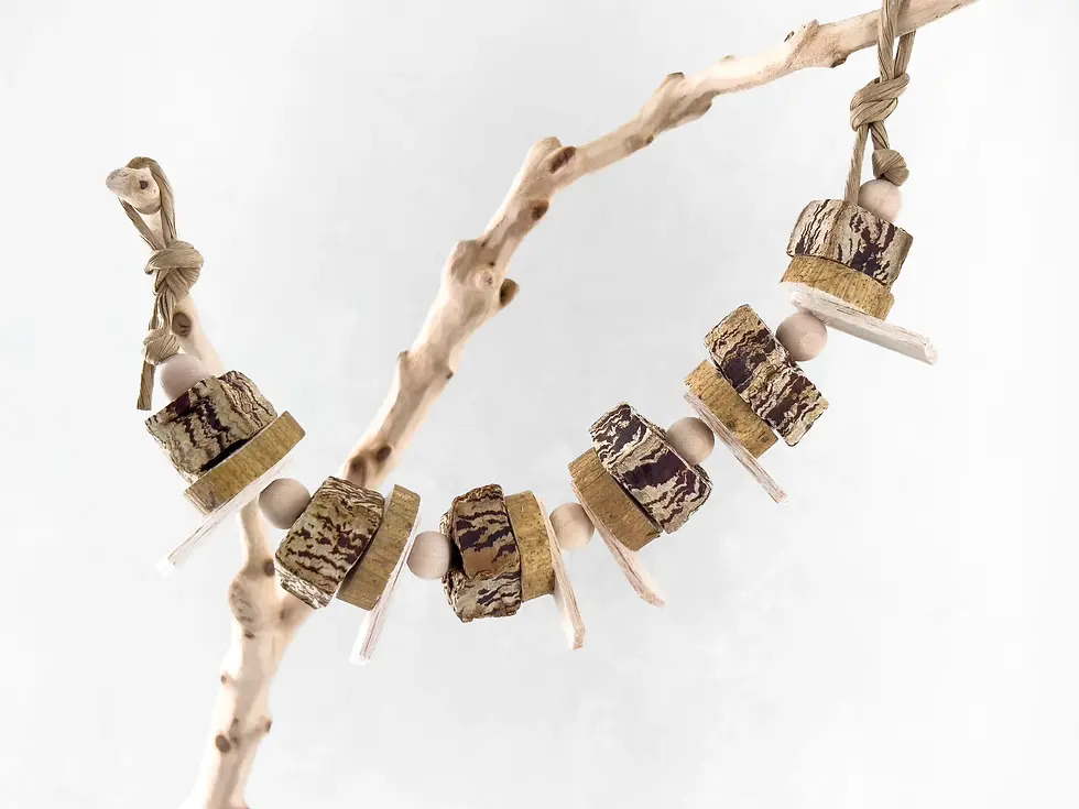 Thumbnail: Dye-free natural bird shredding toys made of non-toxic sola, balsa wood and palm.