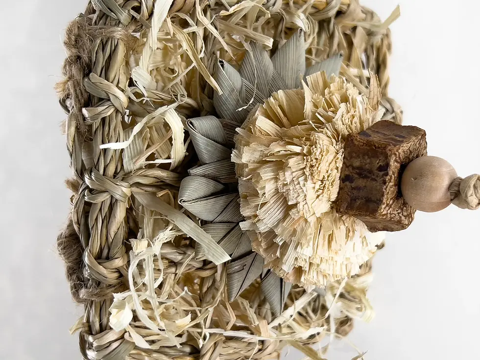 Handmade bird toy for parrot foraging designed to hide spray millet and treats for budgies, lovebirds and conures.