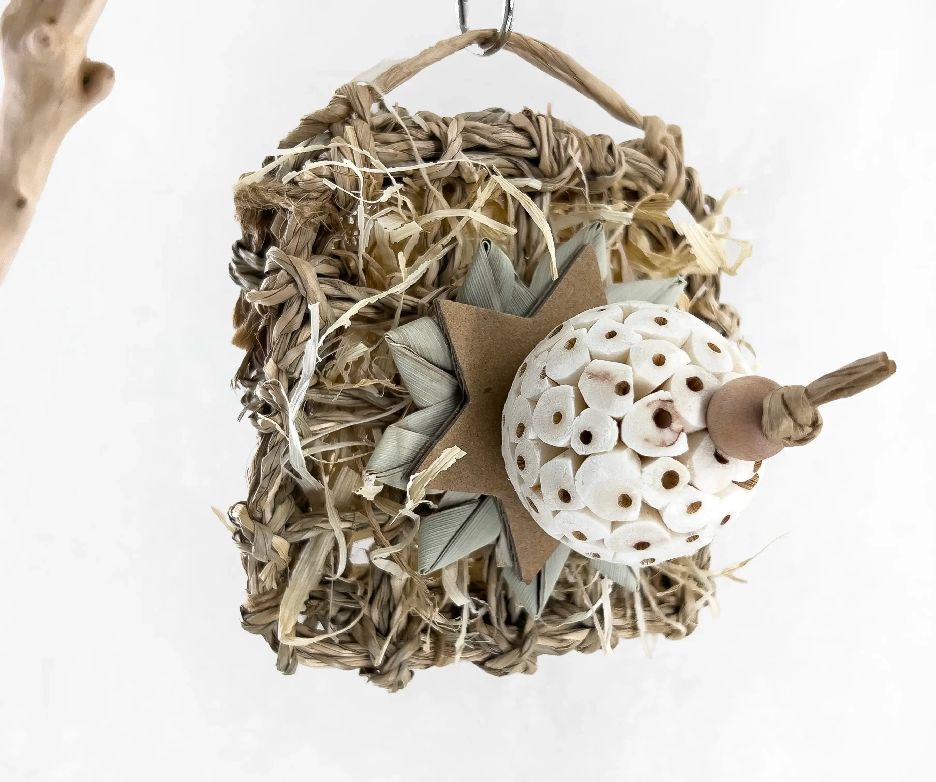 Seagrass mat bird foraging toy for parrotlets, parakeets, canaries, lovebirds and small parrots handmade with corn husk, palm and a sola ball by The Joyful Beak.