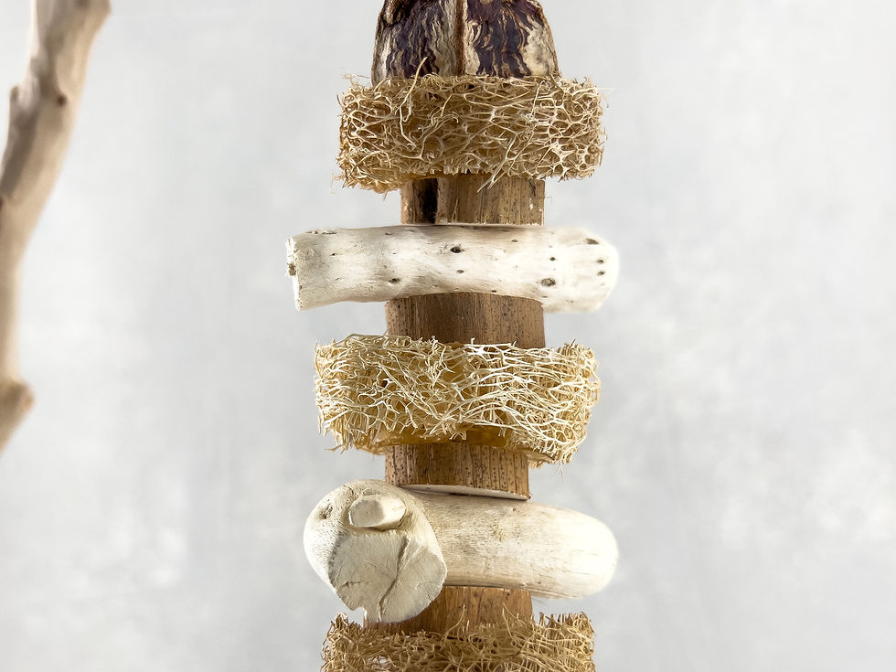 All natural bird shredder toy and parrot chew toy made of mahogany pod slices, loofah, gobi tail, sola slices, wood beads. an