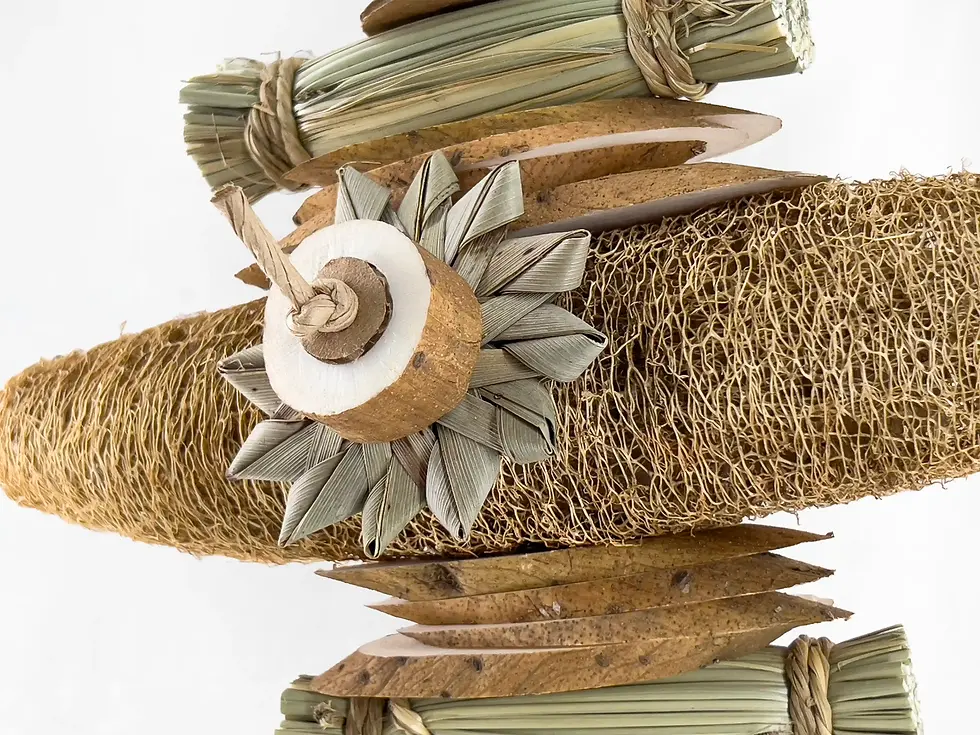 Thumbnail: Multi-textured hanging parrot toy and seagrass shredder layered with sola wood, loofah, and cardboard paper for active play.