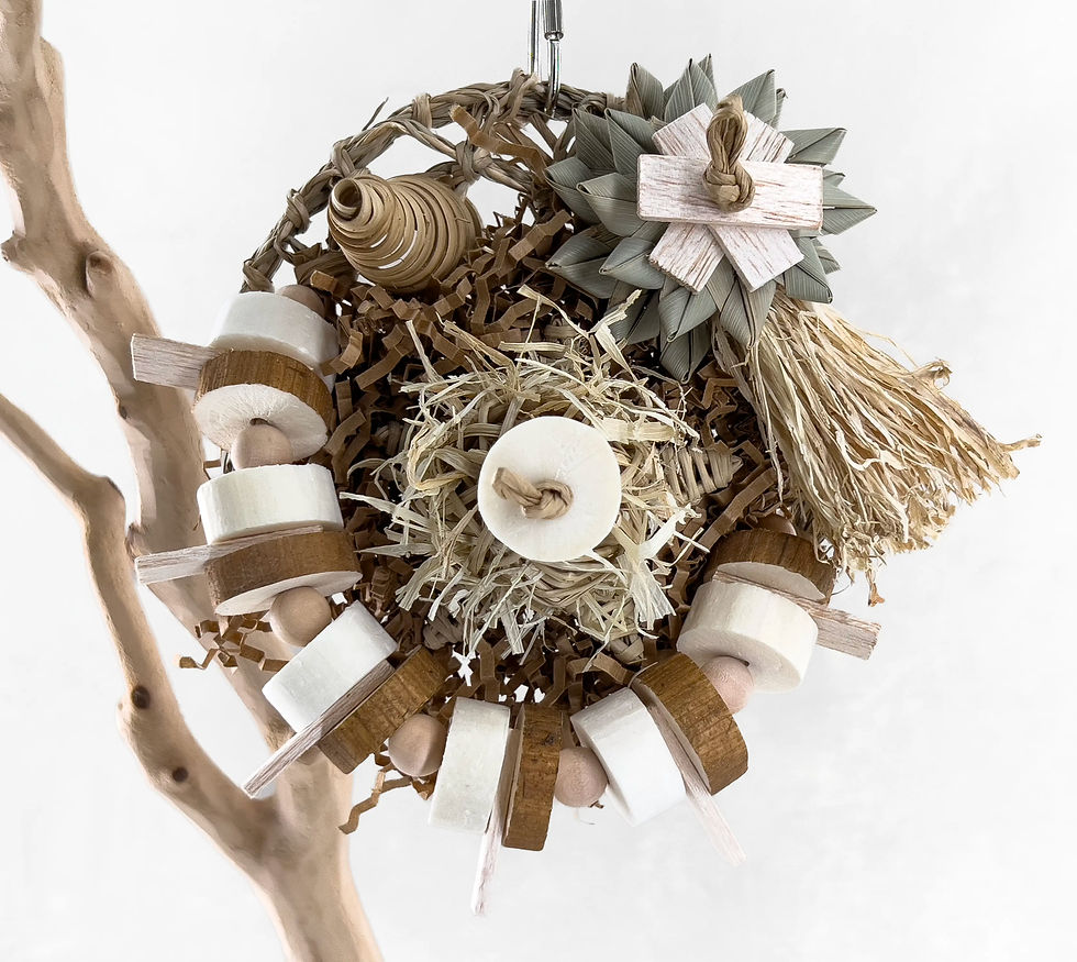 Natural seagrass activity mat for small birds. Handmade with sola, cornhusk, shredded paper and palm, by The Joyful Beak.