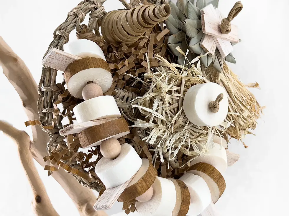 Seagrass mat for birds and small parrot toy, made of balsa, sola, cane cone, corn husk, palm, seagrass, crinkle paper, vine.