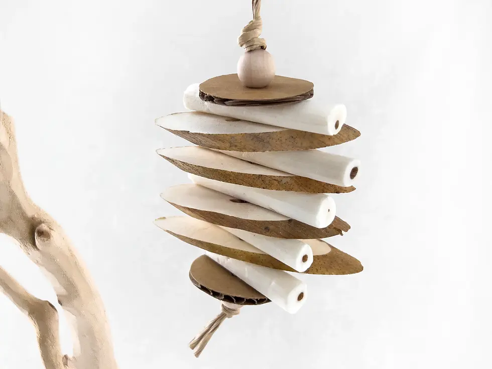 Thumbnail: All natural parrot chew toy and small bird toy made of sola wood, cardboard paper, and wood beads.