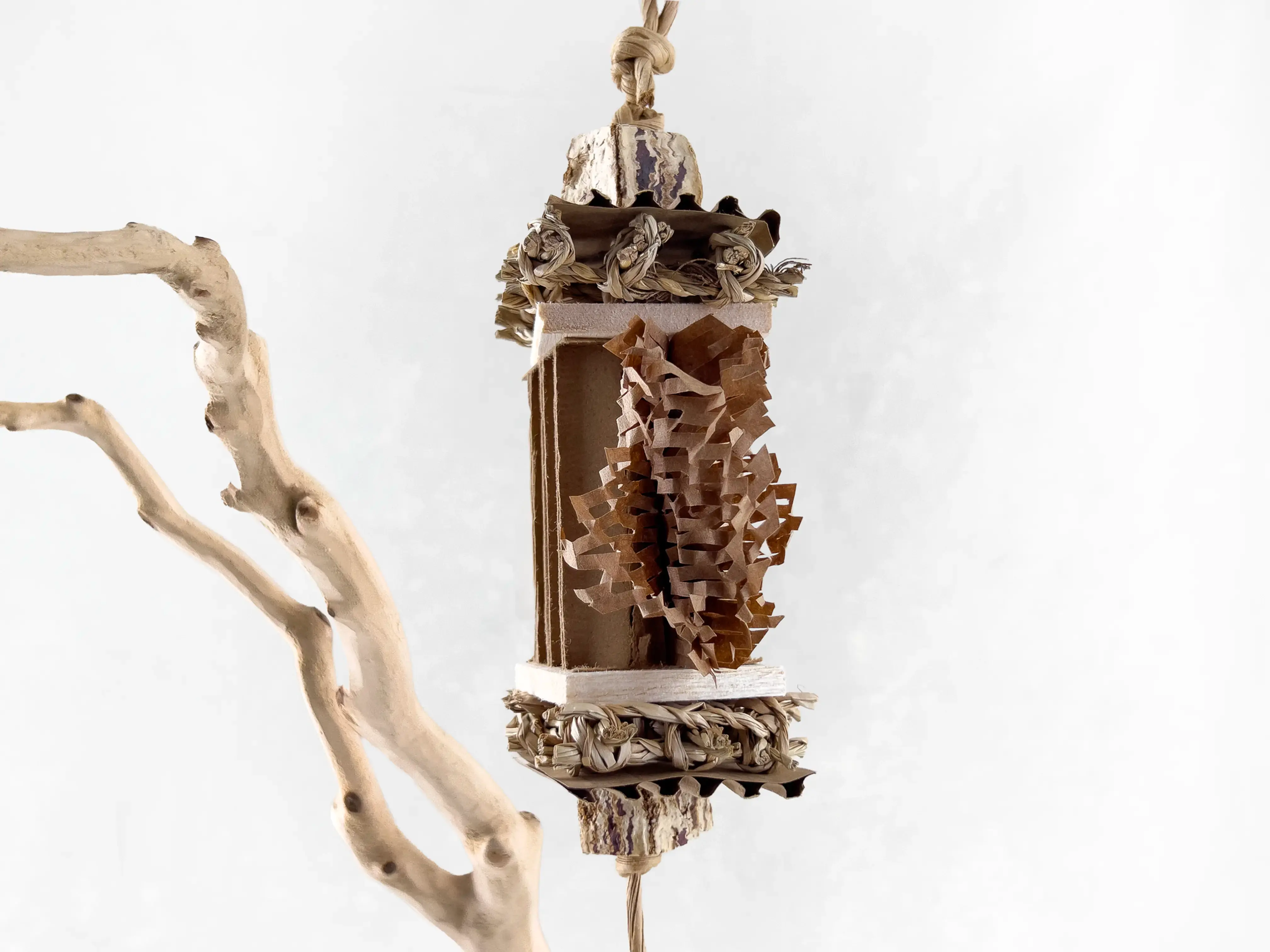 Foraging bird toy for Parakeets made with non-toxic seagrass mat, balsa wood, mahogany and shredded paper.