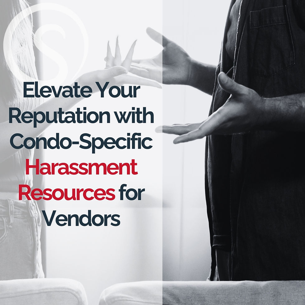 Two people gesturing in discussion. Text reads "Elevate Your Reputation with Condo-Specific Harassment Resources for Vendors". Black, white, red colors.