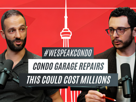Two men with mics on a red podcast graphic; text reads #WESPEAKCONDO, CONDO GARAGE REPAIRS, THIS COULD COST MILLIONS.
