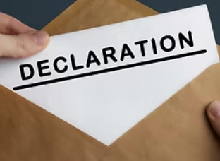Hands hold a brown envelope with a white paper labeled DECLARATION, on a dark background.