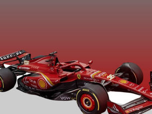 Ferrari Formula 1 car in red livery with Shell and Santander sponsorship, displayed against a gradient background.