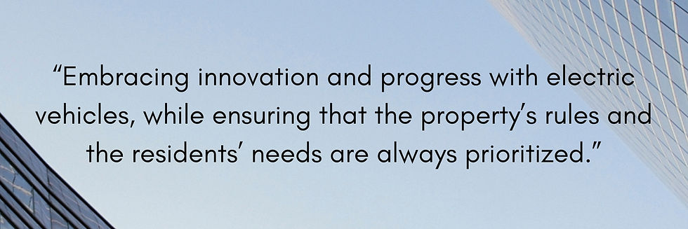 Quote on a blue sky background, bordered by modern glass buildings. Text reads: "Embracing innovation and progress with electric vehicles..."