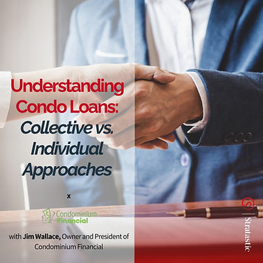 Two people shaking hands, overlay text: Understanding Condo Loans: Collective vs. Individual Approaches. Blue suit, white background.