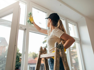 Woman in cap cleaning tall windows with cloth, standing on ladder. Bright room, gloves on, tree view outside. Focused mood.