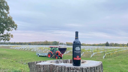 Wine bottle labeled Amandas and a glass on a tree stump overlook a vineyard with a tractor under a cloudy sky.