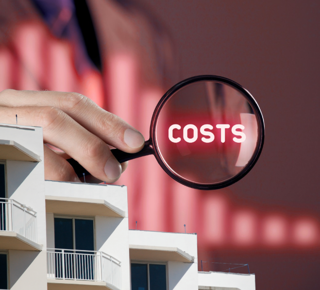 Hand holds a magnifying glass over apartment buildings, enlarging COSTS against a red background.