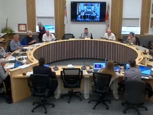 Meeting with 12 people in a round conference room. Laptops open; a screen displays a video call. Neutral tones and professional setting.