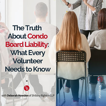 People sitting in chairs in a classroom, listening to a speaker. Text: The Truth About Condo Board Liability: What Every Volunteer Needs to Know.
