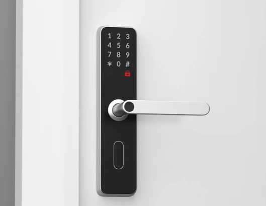 Black digital keypad door lock on a white door, with a silver handle and red lock icon.
