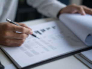 Hand holding pen over a document with charts, on a desk. Person flipping pages, focus on analysis. Neutral tones, office setting.
