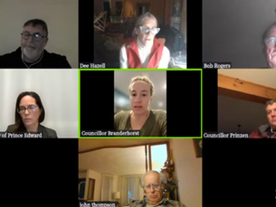 A video call with seven participants, each in individual frames, focusing on a woman speaking. Names are visible beneath their images.