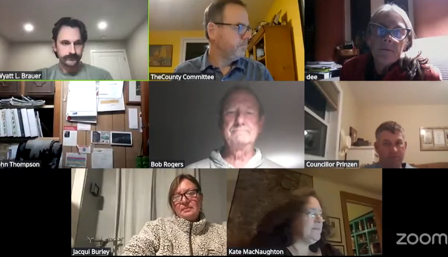 A virtual meeting with nine people in separate windows, some looking at the camera, others at screens. Various home offices serve as backgrounds.