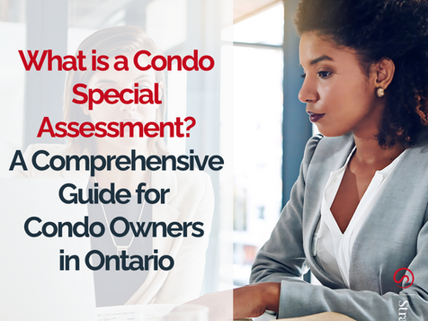 Woman in an office setting, focused on work with a laptop and notebooks. Text overlay: "What is a Condo Special Assessment?"