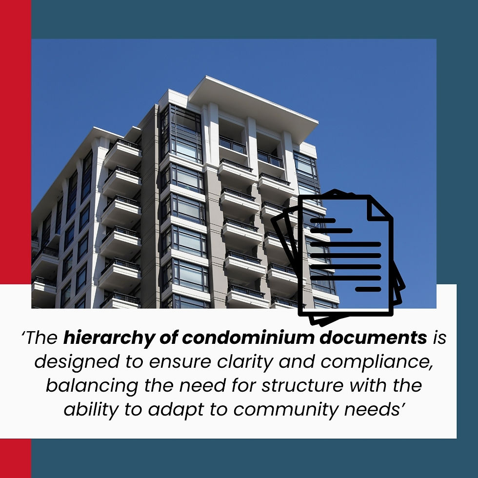 Modern condo building against blue sky, overlay of document icon. Text below emphasizes clarity and compliance in condo documents.