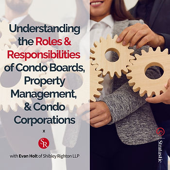 Two people holding wooden gears, overlayed text about condo management roles. Formal attire; neutral background. Mood: informative.