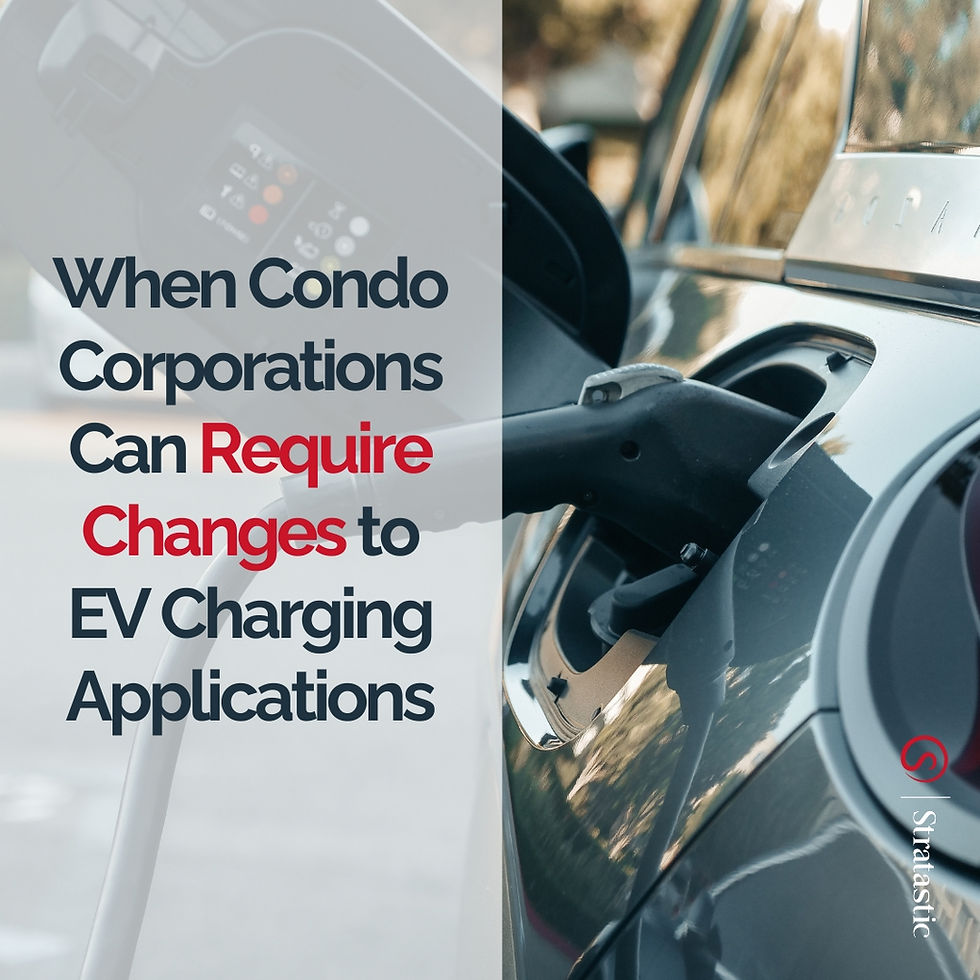 Electric car charging. Text: "When Condo Corporations Can Require Changes to EV Charging Applications." Focus on charging port, calm setting.