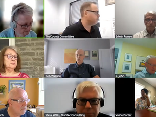 A video conference with nine participants, each in their own home setting, focused on discussions. Names are labeled on each video frame.