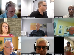 A video conference with nine participants, each in their own home setting, focused on discussions. Names are labeled on each video frame.
