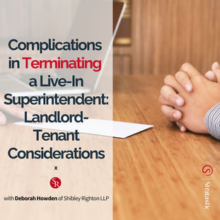 Text reads: "Complications in Terminating a Live-In Superintendent: Landlord-Tenant Considerations." Hands on wooden table, laptop in background.