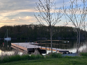 Tranquil lakeside scene with a wooden dock leading to calm water, framed by budding trees. A sailboat is moored in the distance, evoking serenity.