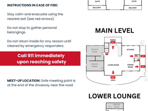 Fire safety evacuation poster with upper, main, and lower level floor plans, red arrows, exits, and 911 emergency instructions.