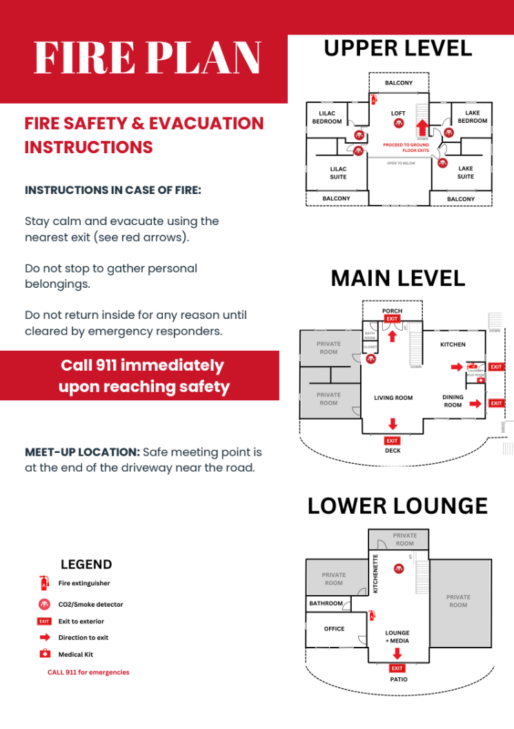 Fire safety evacuation poster with upper, main, and lower level floor plans, red arrows, exits, and 911 emergency instructions.
