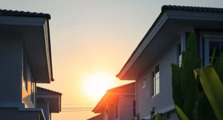 Sunset between two houses with sloped roofs, green leaves in foreground, creating a warm, serene atmosphere.