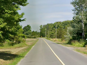 Rural road lined with green trees under a clear sky. Yellow road sign visible in the distance. Peaceful, natural setting.