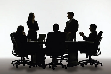 Silhouetted business team meeting around a conference table, two standing and three seated against a bright white background.