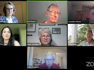 A virtual meeting on Zoom with eight participants in separate frames. Various home interiors, neutral expressions, summer attire. Names displayed.