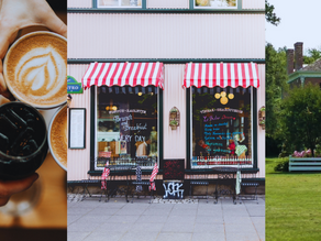 Hands holding coffee cups with latte art, a cafe with red-striped awning and "Brunch & Breakfast" text, and a brick house with a green lawn.