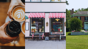 Hands holding coffee cups with latte art, a cafe with red-striped awning and "Brunch & Breakfast" text, and a brick house with a green lawn.