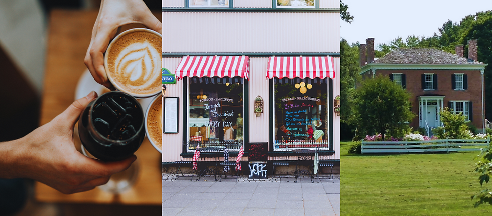 Hands holding coffee cups with latte art, a cafe with red-striped awning and "Brunch & Breakfast" text, and a brick house with a green lawn.
