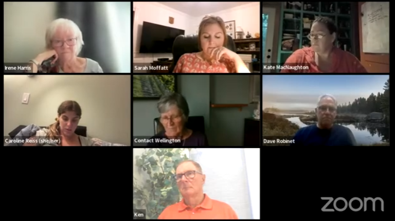 Seven people in a virtual meeting on Zoom, each in separate frames. Most appear focused; one background shows a scenic landscape.