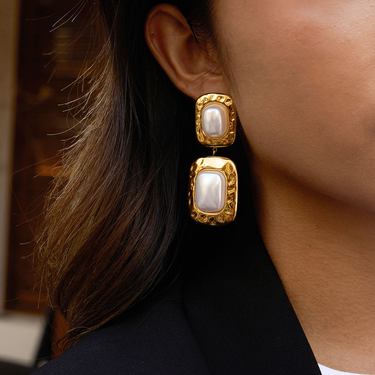 Uworld Fashion Elegant Square Hammer Pattern Pearl Earrings 18K Gold Color Plate