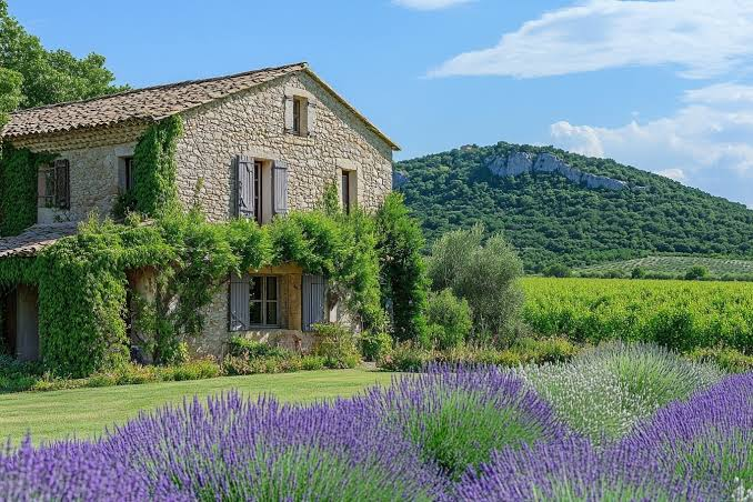 Mas provençal en pierre entouré de lavande